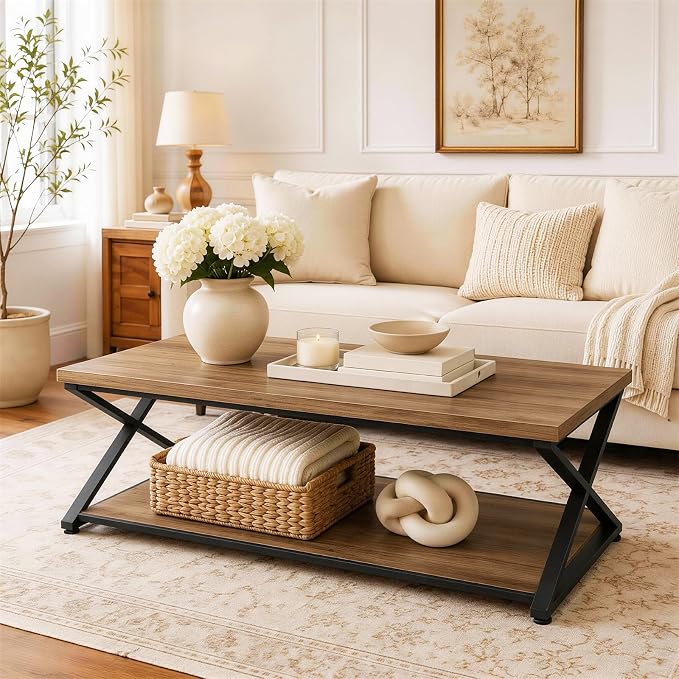 MILEFA2 Tier Coffee Table, Farmhouse CenterTable with Storage, Wood and Metal Living RoomTable for Home Office Bedroom, Rustic Brown,47Inch