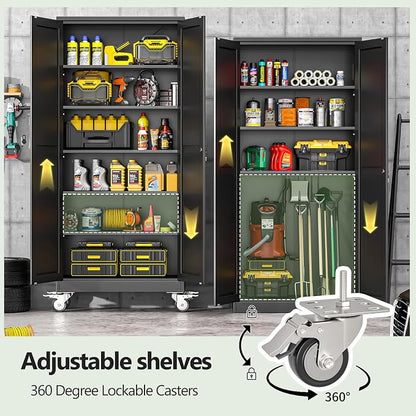 Metal Garage Storage Cabinets and storage system, 75”Tall Rolling utility cabinet with Wheels, Lock, 5 Adjustable Shelves, Heavy Duty Steel Tool Locker for Home Office, Utility Room, Gym,Black