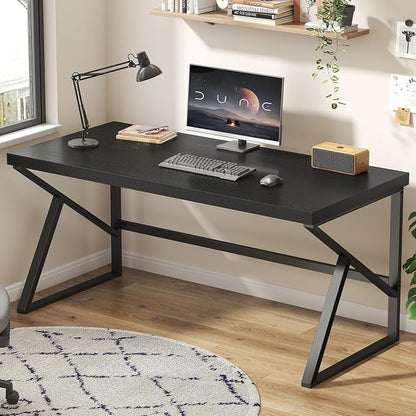 HSH Black Computer Desk, Long Home Office Laptop PC Desk, Large Industrial Metal Wood Executive Writing Gaming Workstation Desk, Modern Simple Student Study Work Table for Bedroom Living Room, 60 Inch