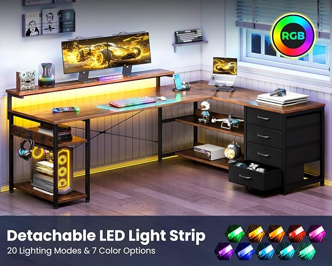 AODK 61" L Shaped Desk with Drawer, Computer Desk with Power Outlets & LED Lights, Reversible Corner Gaming Desks for Home Office Workstation, Office Table with Monitor Shelf, Vintage