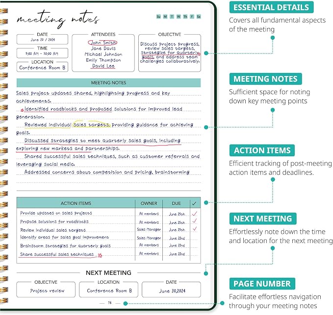 Meeting Notebook for Work Organization - Work notebook with action items, Meeting Minutes Planner Notebook, Perfect Office Supplies for Men & Women - Dark Green