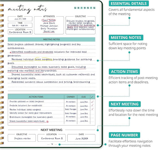 Meeting Notebook for Work Organization - Work notebook with action items, Meeting Minutes Planner Notebook, Perfect Office Supplies for Men & Women - Dark Green