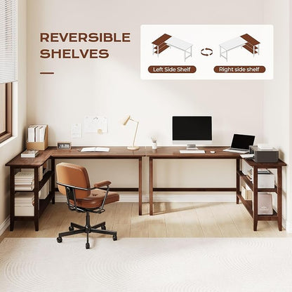 IOTXY Reversible L-Shaped Office Desk - 53" Modern Corner Computer Table with Storage Shelves, Solid Wood Legs, Home Writing & Study Workstation, Walnut