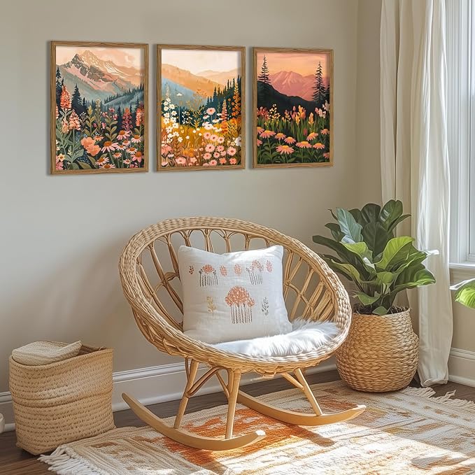 Boho Colorful Watercolor Mountain Posters Wall Art Set of 3 Wildflower Canvas Wall Decor Abstract Nature Landscape Artwork Paintings Picture Print for Living Room Bedroom Office 16x24In Unframed