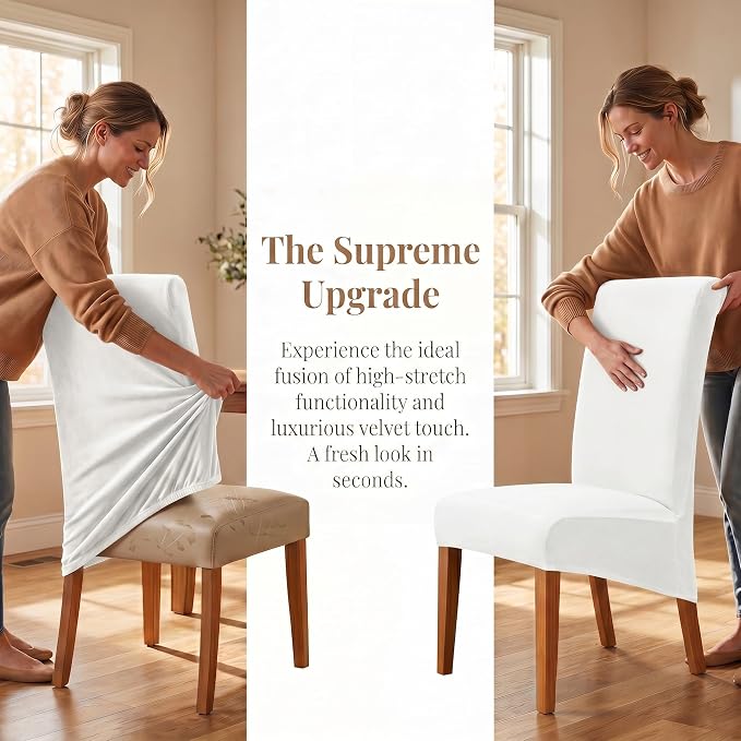 Deisy Dee Stretch XL/Oversized Extra Large Velvet Dining Room Chair Covers for Kitchen Dining，Removable Washable Chair Protectors Slipcovers (Off White, 4)