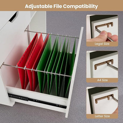 3 Drawer File Cabinet, Wood Lateral Filing Cabinet for Hanging Letter, A4, Legal Size, Rolling Printer Stand with Adjustable Shelf, Under Desk Storage for Home Office (White)