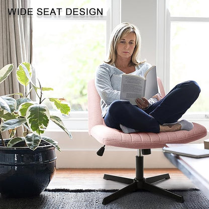 LEMBERI Fabric Padded Desk Chair No Wheels, Armless Wide Swivel Home Office Desk Chair,120° Rocking Mid Back Ergonomic Computer Task Vanity Chair for Office, Home, Make Up,Small Space (Pink)