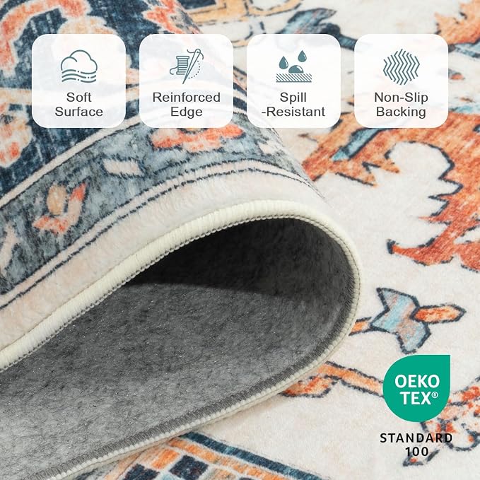 Lofus 5x7 Washable Rugs Non-Slip, Vintage Floral Area Rug for Living Room Bedroom Dining Room Kitchen, Low Pile Distress Print Carpet Home Decor Rug, Octagram Medallion Orange Blue Ivory