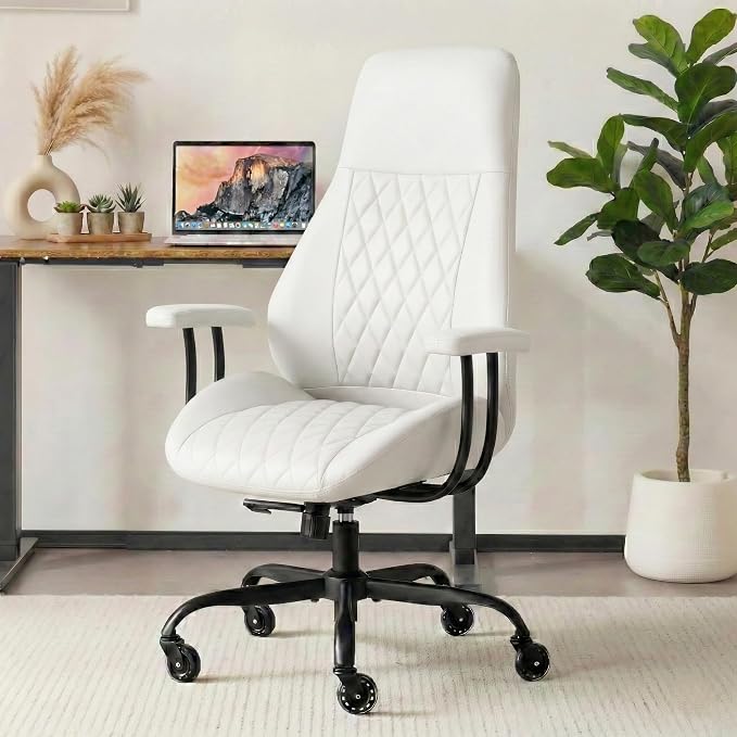 Office Chair with Rubber Wheels, Ergonomic Computer Chair 500 lbs, Leather Desk Chair with Lumbar Support, Executive Chair Adjustable Height & Recline, White | Ergonomic, Lumbar Support, 360° Swivel & Rolling Wheels, Adjustable Height, for Adults & Women