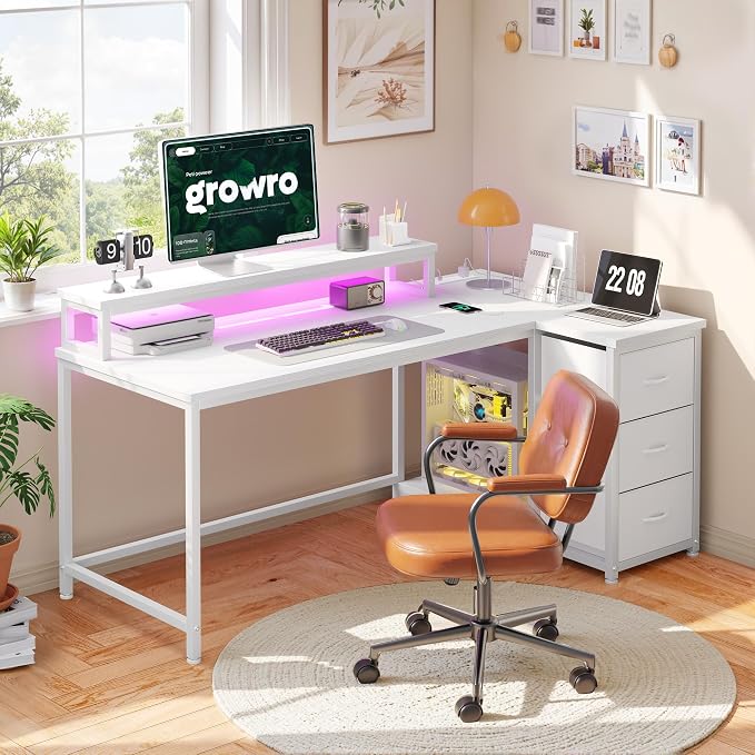 EnHomee 48" Reversible L-Shaped Computer Desk with 40-Mode RGB LED,3AC &1 Type-C Charging Station, 3 Drawers, 35.4''Monitor Riser, White Desk for Gaming, Home Office, Bedroom, Study Room,Vanity, White