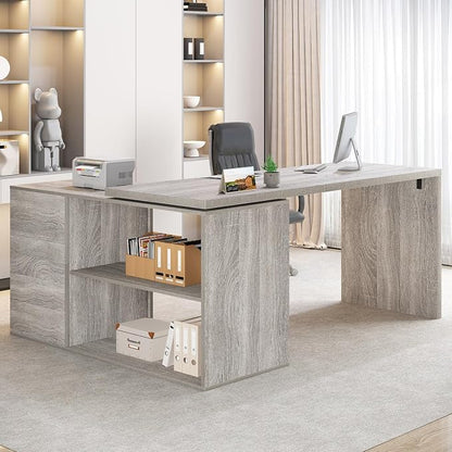 HSH L Shape Desk with Drawers, L-Shaped Desk with Storage Cabinet Shelves, Home Office Corner Computer Desk for Executive Writing, Modern Wood Study PC Table in Bedroom Living Room, Grey Oak, 55 Inch