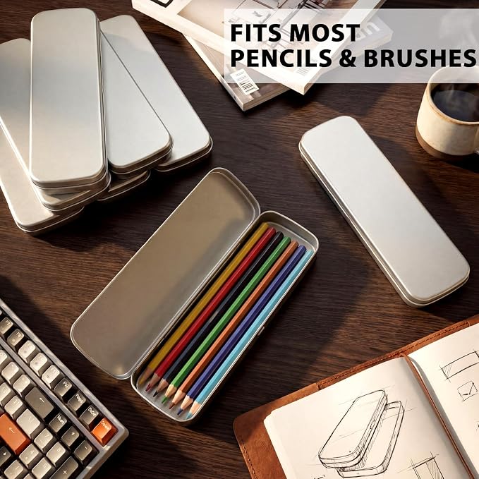 Feifeiya 12 Pcs Back to School Tin Pencil Case Metal Pencil Case Empty Hinged Stainless Steel Box Rectangular for Brushes Crayon