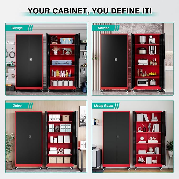 SISESOL 75" Tall Metal Storage Cabinet with Wheels,Rolling Garage Storage Cabinet with Lock,Red Metal Cabinets on Wheels,Locking Tool Cabinets on Wheel for Garage,Home,Office,Shop