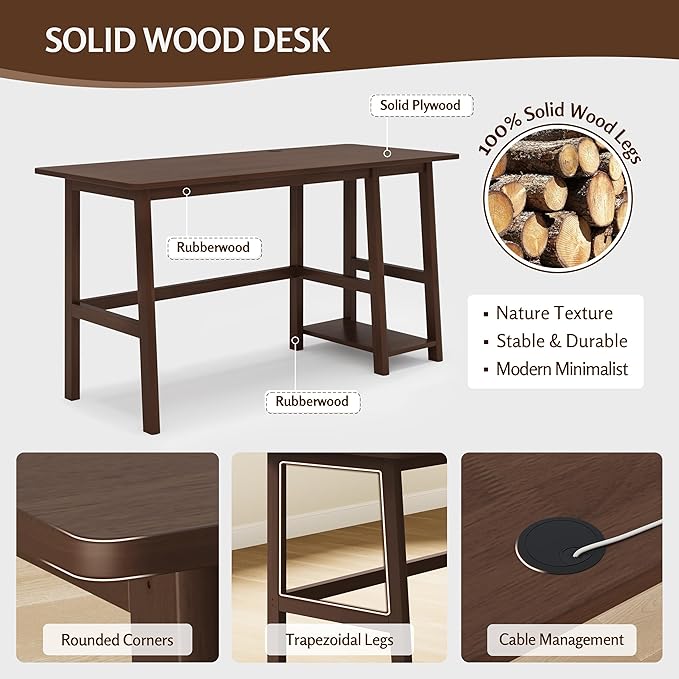 NELYE Solid Wood Computer Desk - 58" W x 24" D Modern Minimalist Table with Shelf，Sturdy Computer Workstation for Home Office, Walnut