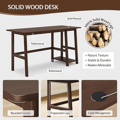 NELYE Solid Wood Computer Desk - 58" W x 24" D Modern Minimalist Table with Shelf，Sturdy Computer Workstation for Home Office, Walnut
