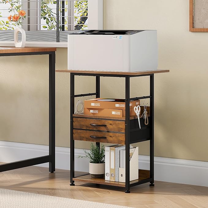 VENNQD Large Printer Stand with Storage Fabric Drawer Under Desk Printer Table with Wheels for Home Office, Printer Cart fit Fax Machine Scanner (Rustic Brown, 3 Tiers)
