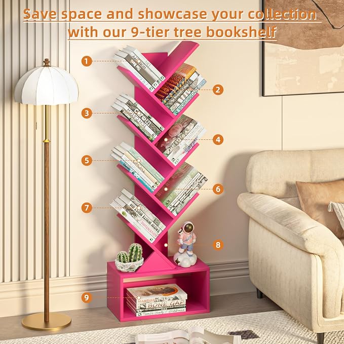 SHEEPAM 9 Tier Tree Bookshelf,Christmas Green Bookcase for Narrow Space, Storage Organizer Floor Standing Bookshelves for Books, Tall Book Case for Home Office, Living Room, Bedroom