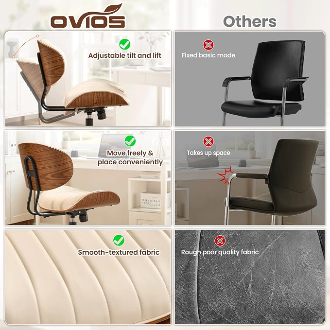 ovios Home Office Chair with Wheels, Modern PU Leather Swivel Computer Desk Chair, Mid Back Adjustable Height Armless Walnut Chairs for Office (White Stripes)