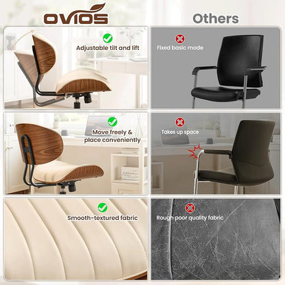 ovios Home Office Chair with Wheels, Modern PU Leather Swivel Computer Desk Chair, Mid Back Adjustable Height Armless Walnut Chairs for Office (White Stripes)