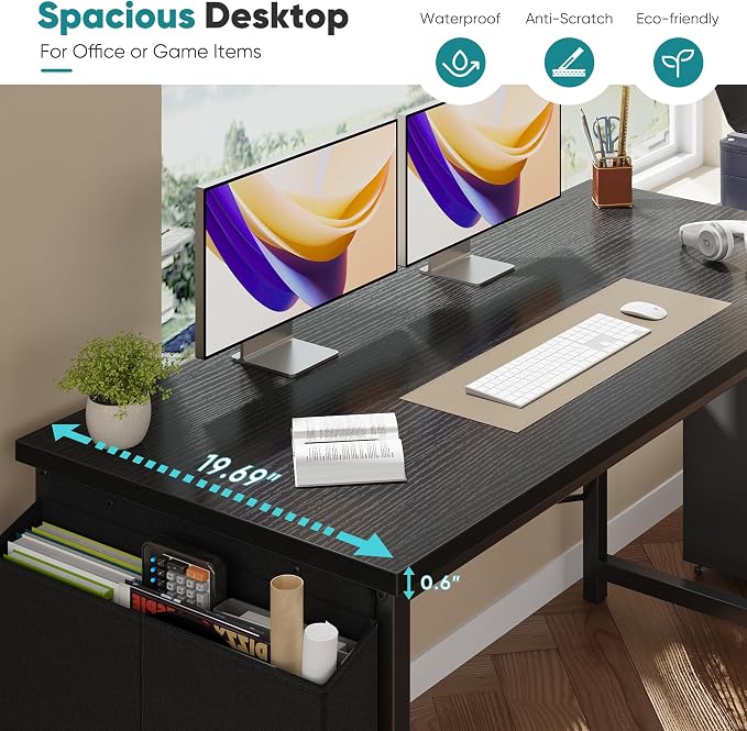 OLIXIS Computer Desk, 47 Inch Home Office Desks for Small Spaces, Writing Craft Study Gaming Table for Bedroom, Modern Computer Workstation with Storage Bag and Headphone Hook, Black
