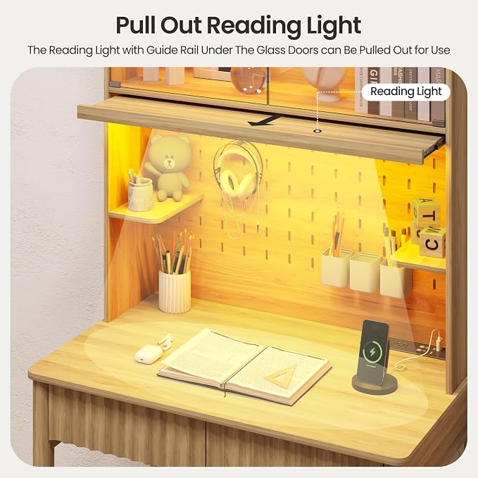 Lvifur 31.5" Small Study Desk with - Drawer & Hutch,Computer Desk with Charging Station,Compact Writing Desks with LED Reading Lights,Home Office Desks for Small Spaces,Bedroom Study Room,Natural