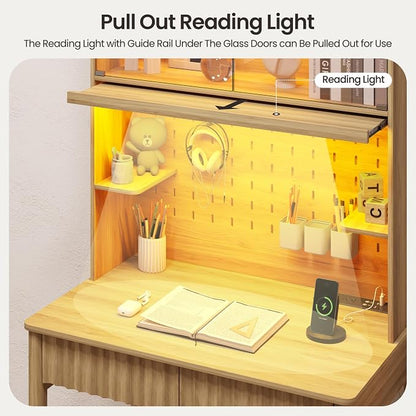 Lvifur 31.5" Small Study Desk with - Drawer & Hutch,Computer Desk with Charging Station,Compact Writing Desks with LED Reading Lights,Home Office Desks for Small Spaces,Bedroom Study Room,Natural