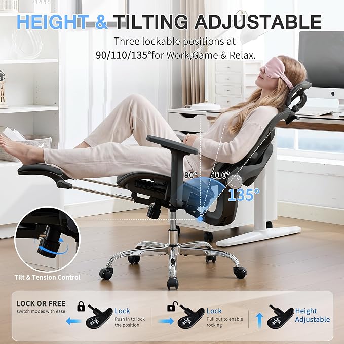 Ergonomic MeshOffice Chair with 2-Zone Lumbar Support and Footrest,Black | Big and Tall, 400LBS, Adjustable Seat Depth, 4D Headrest, 4D Armrests Swivel Executive Chair for Home Office