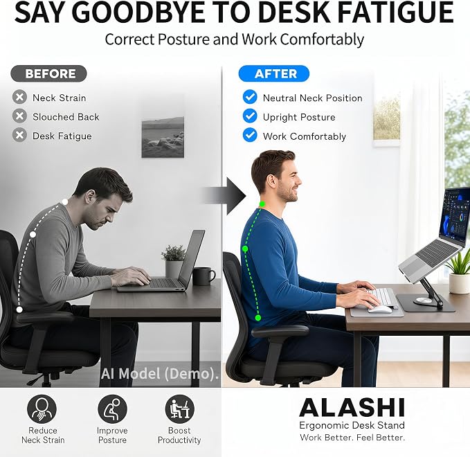 ALASHI Laptop Stand for Desk with 360 Rotating Base, Multi-Angle Adjustable Laptop Stands, Foldable Laptop Riser Compatible with 10 to 17 Inches PC Computer, Black