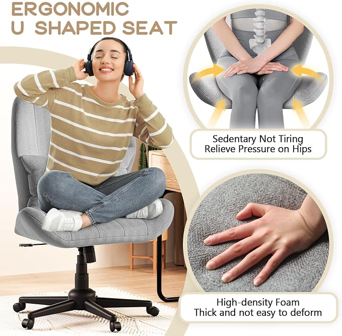 ZZW Criss Cross Chair with Wheels, Wide Cross Legged Office Chair Armless Comfy Desk Chair with Tall Back Vanity Chairs with Stress Relief Curved Design Seat for Bedroom & Office & Home Light Gray