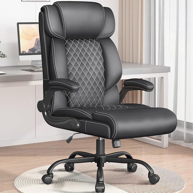 Office Chair-Executive High Back Breathable Big and Tall Office Chair Flip-up Armrests Lumbar Support-Ergonomic Leather Rolling Swivel Chair with Rock Function for Working Studying Gaming,2 Pack
