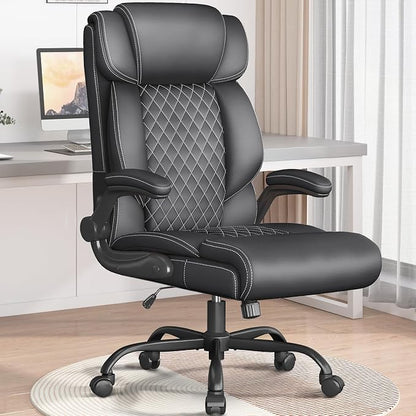 Office Chair-Executive High Back Breathable Big and Tall Office Chair Flip-up Armrests Lumbar Support-Ergonomic Leather Rolling Swivel Chair with Rock Function for Working Studying Gaming,2 Pack