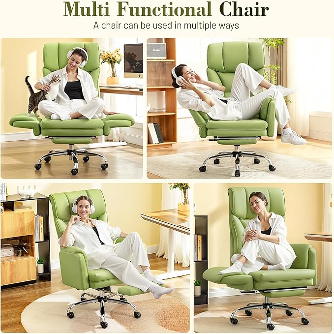 Big and Tall Office Chair, 400LBS Wide Leather Gaming Chair with Footrest, High Back Executive Chair, Reversible Armrest for Pets, 135° Reclining Cross Legged Chair with Lumbar Support(Avocado Green)