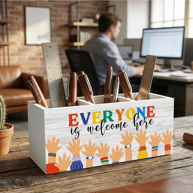 Inspirational Classroom Welcome Pencil Pen Holder for Desk Organizer, Everyone is Welcome Here, Diversity Equality Classroom Wooden Box Decorations for Kids LGBT Pride Black Lives Matter