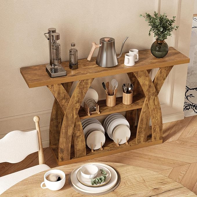55 inch Sofa Table Behind Couch, 3-Tier Narrow Entryway Table with Storage, Wood Grain X-Shaped Console Tables for Living Room, Hallway, Foyer, Home Office