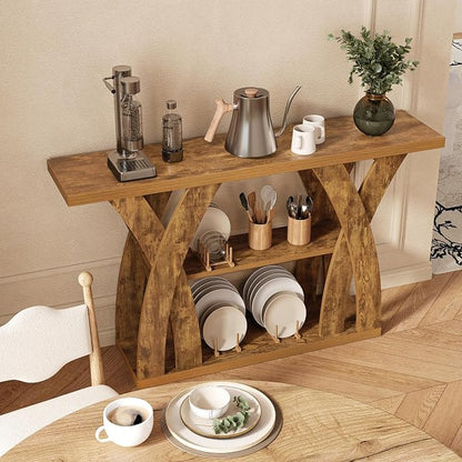 55 inch Sofa Table Behind Couch, 3-Tier Narrow Entryway Table with Storage, Wood Grain X-Shaped Console Tables for Living Room, Hallway, Foyer, Home Office