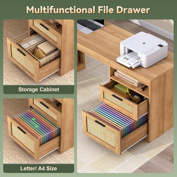 Farmhouse L Shaped Standing Desk, 66 inch Rattan Corner Electric Standing Desk with Drawers ＆ Storage Shelves, Height Adjustable Computer Desk with Power Outlets for Home Office (Natural Oak)