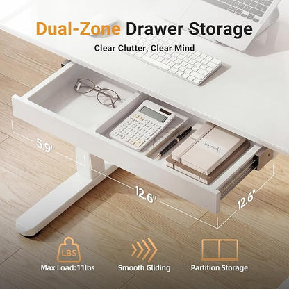 INNOVAR Glass Standing Desk with Drawers, 35×20 Inch Adjustable Stand Up Desk, Quick Install Home Office Computer Desk, White