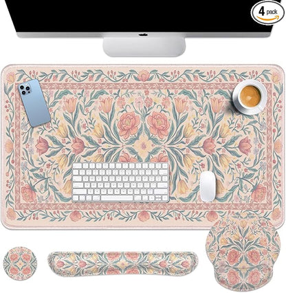Britimes Pink Floral Keyboard Mouse Pad Set Retro 4in1 Large Mousepad+Keyboard Wrist Rest+Mouse Wrist Rest+Coaster Ergonomic Design for Home Office Computer 35.4x15.7 inches
