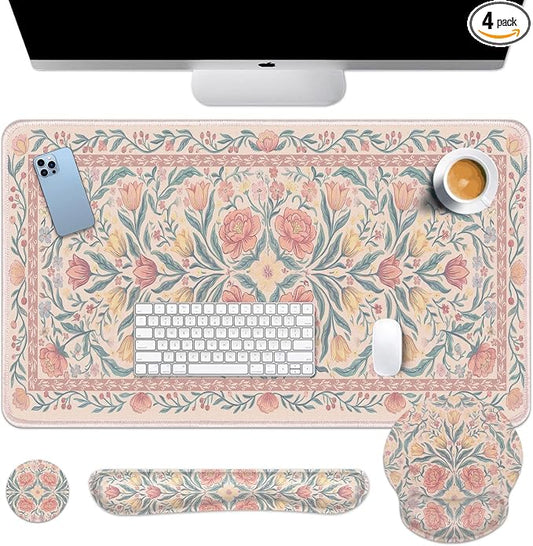 Britimes Pink Floral Keyboard Mouse Pad Set Retro 4in1 Large Mousepad+Keyboard Wrist Rest+Mouse Wrist Rest+Coaster Ergonomic Design for Home Office Computer 35.4x15.7 inches