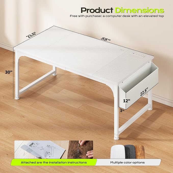 DurayLoly 55 x 24 inch Desk, 24mm Thick Heavy Duty Computer Desk with RGB LED & Power Outlets, Gaming Desk with Detachable Stand, Hooks & Storage Bag, 150LBS Load Capacity, White