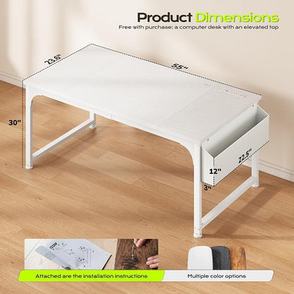DurayLoly 55 x 24 inch Desk, 24mm Thick Heavy Duty Computer Desk with RGB LED & Power Outlets, Gaming Desk with Detachable Stand, Hooks & Storage Bag, 150LBS Load Capacity, White