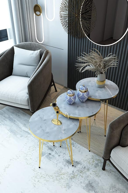 Set of 3 High Gloss White Marble Gold Legs Nesting End Tables Round Wood Stacking Coffee Side Accent Table with Metal Legs for Living Room, Home Office, Nightstands for Bedroom