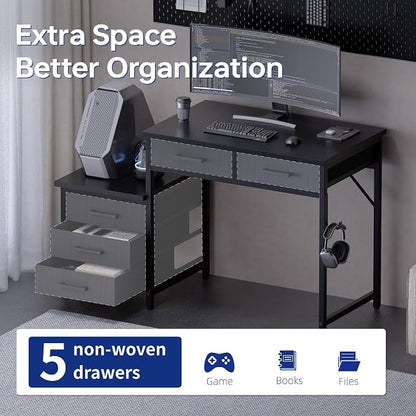 Pamray 47 inch Computer Desk with 5 Drawers and Printer Space for Office | Ample Storage, Space-saving, Easy Assembly, Sturdy, Suitable for Home Office, Study and Writing, Bedroom and Dorms