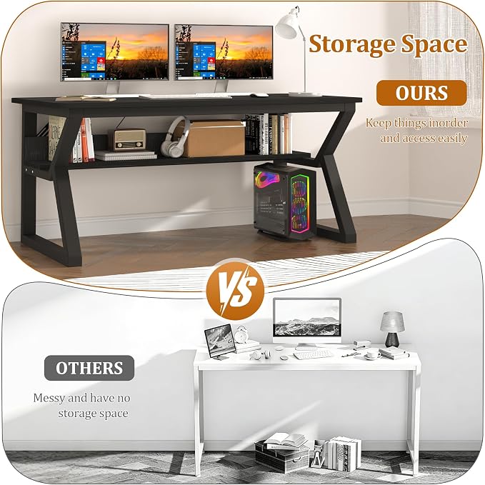 47 inch Computer Desk with Storage Shelf, K-Shaped Office Desk with Sturdy Metal Frame, Writing Gaming Work Desk with Waterproof Surface for Home Office & Bedroom, Black