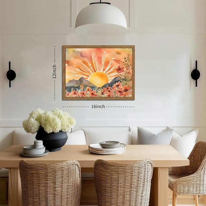 Framed Sunset Boho Wall Art for Living Room - Modern Abstract Floral Canvas Picture Boho Wall Decor, Sun Landscape Aesthetic Painting Poster Prints for Bedroom Home Office 12x16 inch