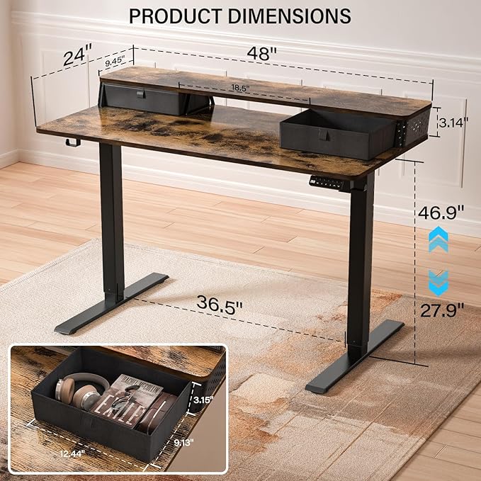 Electric Standing Desk with Two Drawers,48 x 24 Inch Sit Stand Desk Adjustable Height, Stand Up Desk with Storage Shelf, Computer Workstation for Home Office, Rustic Brown