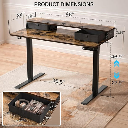 Electric Standing Desk with Two Drawers,48 x 24 Inch Sit Stand Desk Adjustable Height, Stand Up Desk with Storage Shelf, Computer Workstation for Home Office, Rustic Brown
