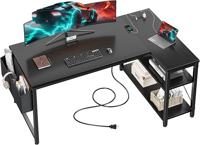 EnHomee Office Desk with Outlet,Power Home Office & Study Electronic Gear | Reliable Power Supply for Study & Electronic Device,Reversible Shelves & Side Bag,Convenience for Small Space, Black