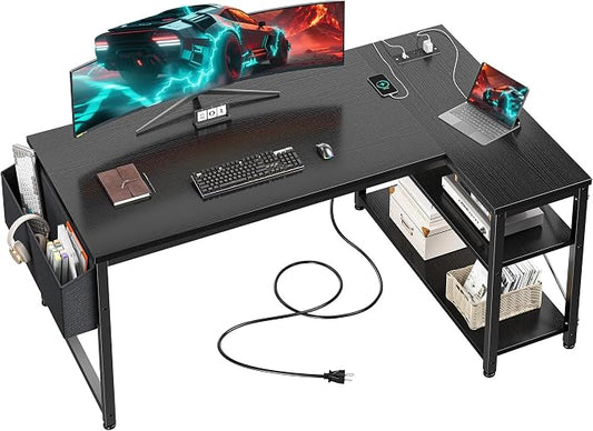 EnHomee Office Desk with Outlet,Power Home Office & Study Electronic Gear | Reliable Power Supply for Study & Electronic Device,Reversible Shelves & Side Bag,Convenience for Small Space, Black
