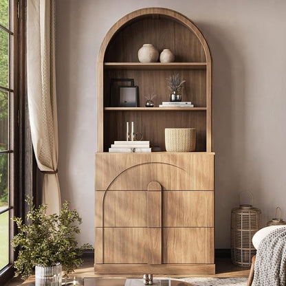 BELLEZE 71" Tall Storage Cabinet with 3 Drawers, Wooden Sideboard Buffet Cabinet with Hutch for Pantry and Kitchen Organizing, 5-Tier Modern Storage Unit for Living Room Home Office, Camel